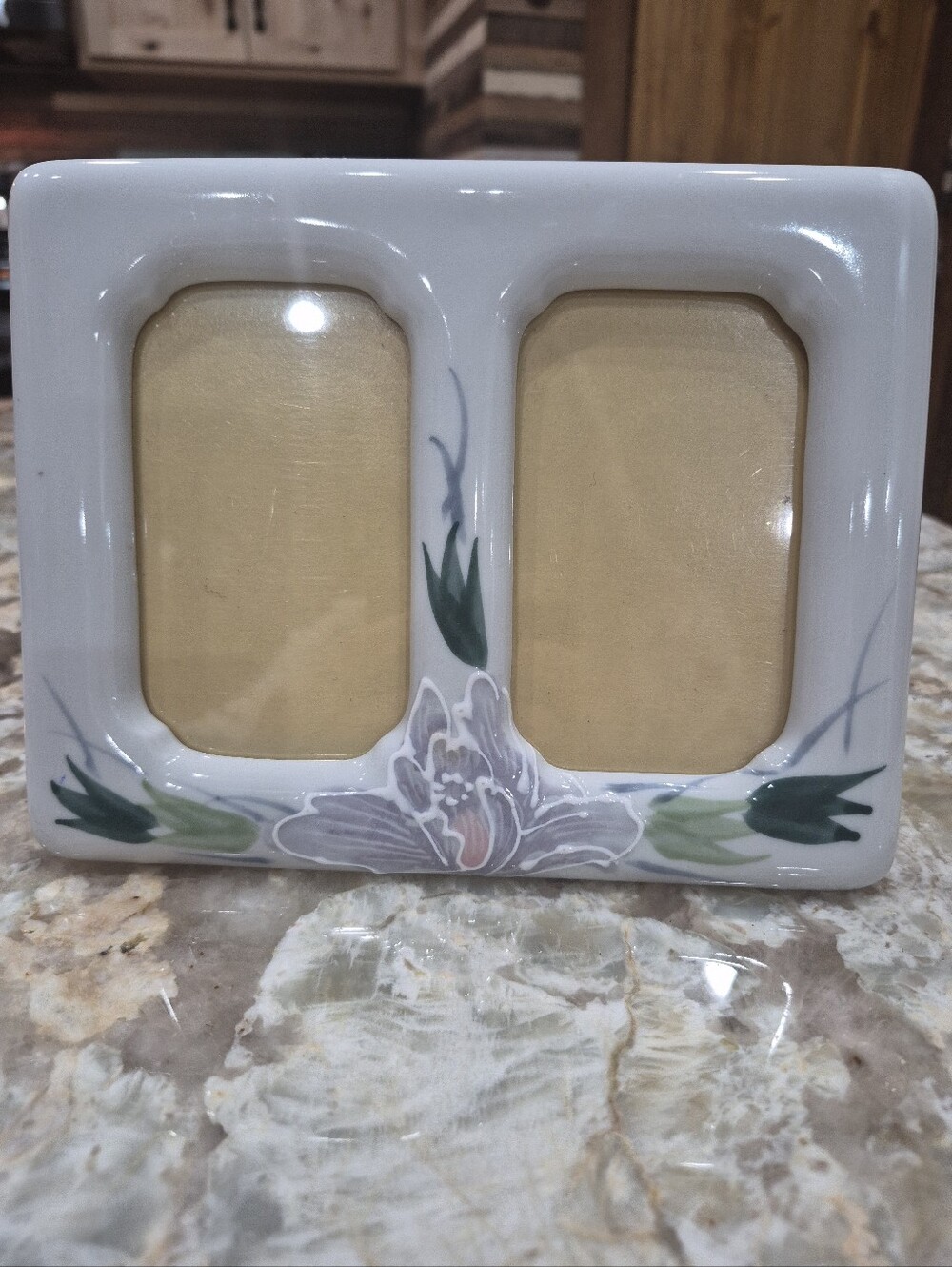 Vintage Ceramic Japan Double Picture Frame Handpainted Lavender Floral